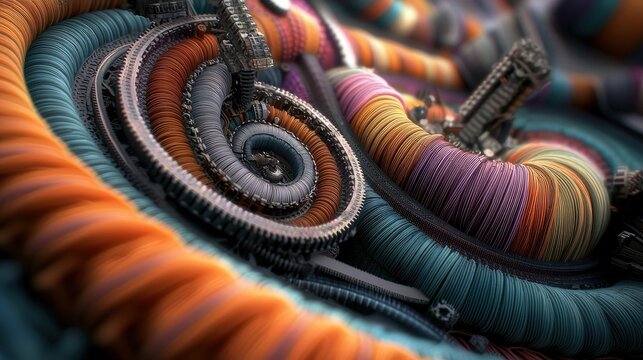 An intricate, abstract fractal pattern featuring a spiral of colorful tubes and metallic gears, suggesting complex machinery and futuristic design.