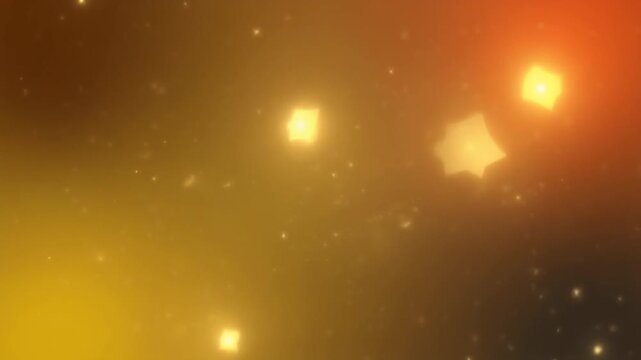 Radiant golden-orange abstract background with softly glowing geometric cubes and fine particulate matter, creating a dreamlike and energetic atmosphere