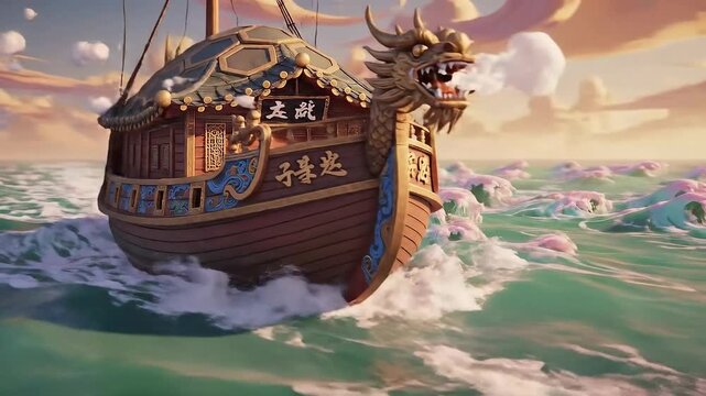 Stylized Korean Dragon Ship Sailing on Fantasy Ocean Waves at Sunset