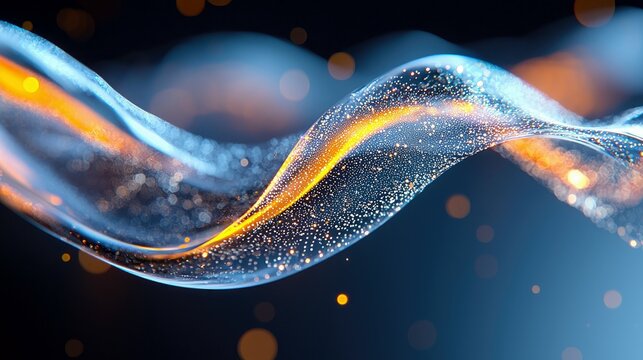 An abstract, flowing wave composed of shimmering particles and glowing light trails, set against a dark blue background with bokeh effects.