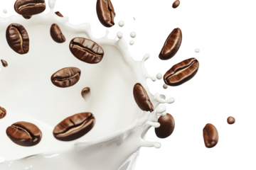 A dynamic splash of milk with coffee beans artistically captured in mid-air. creating a lively and refreshing scene perfect for beverage advertisements or culinary blogs