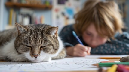 A tabby cat naps peacefully on a desk while a child focuses on drawing, blending cozy companionship with quiet creativity.