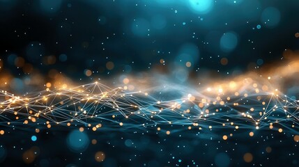 An abstract digital visualization of interconnected nodes and lines, illuminated by glowing orange and blue particles and bokeh lights against a dark, atmospher