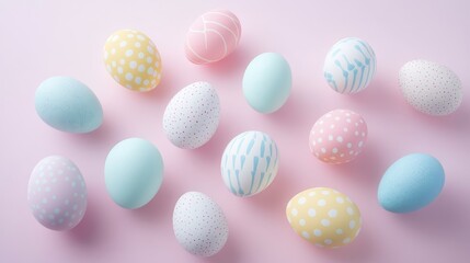 Fototapeta premium Architectural flat lay composition featuring egg-shaped negative space revealing colorful decorated Easter eggs beneath white top layer, artful arrangement of spherical forms, seasonal pastel