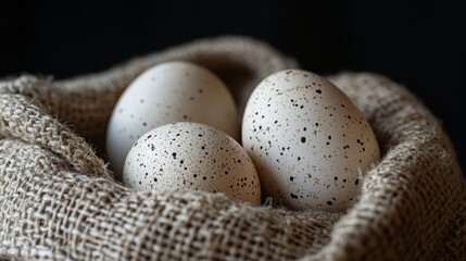 Artisanal arrangement of speckled chicken eggs partially visible inside open hemp sack, deep black background with subtle gradient, soft diffused light emphasizing organic shapes