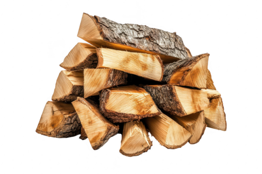 A neatly stacked pile of freshly cut firewood various sizes and textures of wood logs. set against a plain white background. ideal for home decor and seasonal imagery