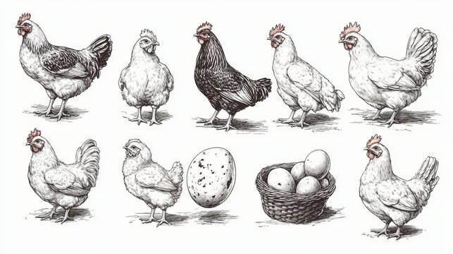 Artisanal hand-sketched collection of poultry farm imagery, detailed adult chickens, fluffy chicks and realistic eggs in various compositions, antique engraving style, classic farm advertising