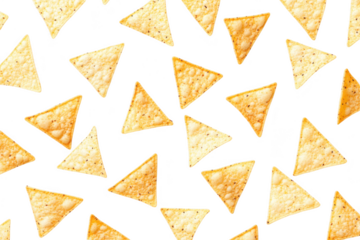 A arrangement of golden tortilla chips scattered on a clean white background. ideal for food photography. texture and color for culinary uses or snack promotions