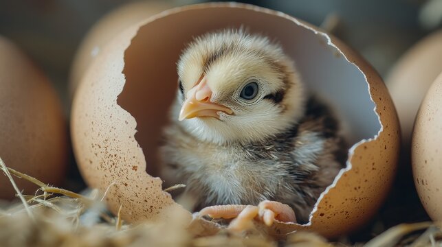 Charming newborn chick with wet downy feathers pushing through cracked egg, expressive tiny face with alert eyes surveying new world, authentic farm photography, close-up details of shell texture and