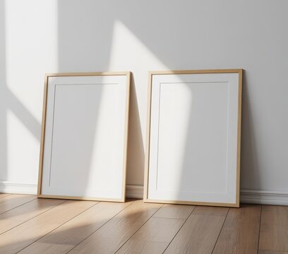 Two blank wooden picture frames leaning against a white wall mockup