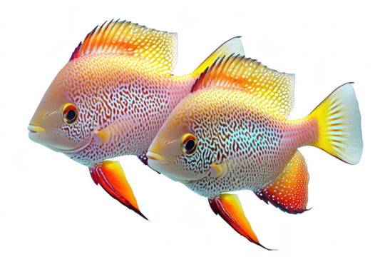 Two tropical fish swimming gracefully side by side in a clear aquatic environment. their colorful patterns and fins. with a serene underwater backdrop enhancing their beauty