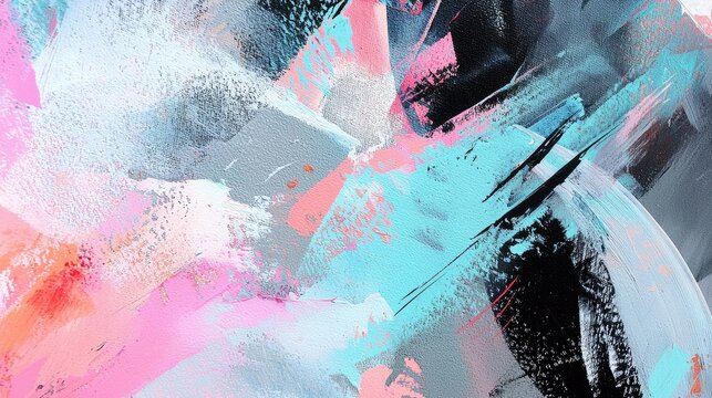 Abstract painting with thick, textured brushstrokes in vibrant pink, teal, gray, and black. Energetic and modern art style.