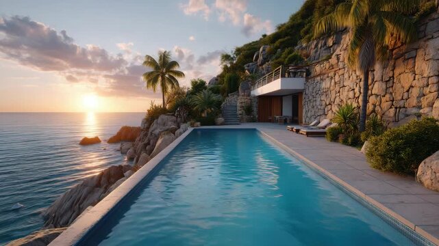 Serene Coastal Villa with Infinity Pool at Sunset Over Ocean