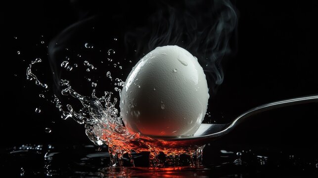 Dramatic chiaroscuro lighting on minimal composition of polished spoon lifting white egg against black background, trailing water droplets creating motion, electric heating element providing ambient