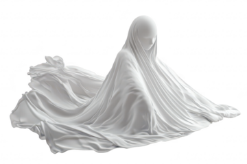 A serene. abstract sculpture of a cloaked figure draped in flowing white fabric. evoking a sense of tranquility. set against a plain background. ideal for artistic and conceptual use