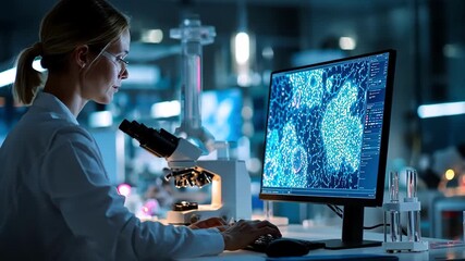 Female scientist analyzing data on computer, microscope nearby in a lab setting. - Powered by Adobe