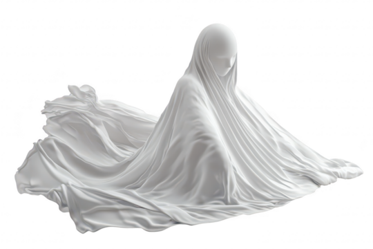 A serene. abstract sculpture of a cloaked figure draped in flowing white fabric. evoking a sense of tranquility. set against a plain background. ideal for artistic and conceptual use