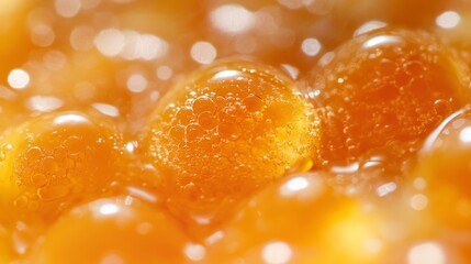 Extreme close-up of golden egg yolks with visible membrane structure, rich amber hues transitioning to deep orange centers, glistening surface catching light, micro bubbles visible along edges