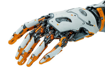 A futuristic robotic hand intricate mechanical design and orange accents. set against a clean. minimalistic background. highlighting advanced technology and innovation