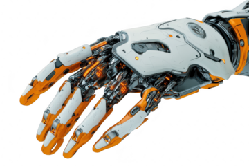 A futuristic robotic hand intricate mechanical design and orange accents. set against a clean. minimalistic background. highlighting advanced technology and innovation
