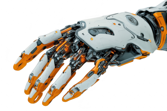 A futuristic robotic hand intricate mechanical design and orange accents. set against a clean. minimalistic background. highlighting advanced technology and innovation