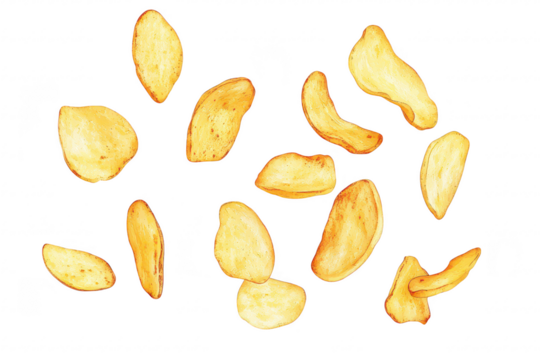 A assortment of golden-brown potato chips scattered artistically on a clean white background. perfect for food photography. snack advertisements. or culinary presentations