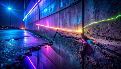 macro closeup cracked concrete wall night neon reflection fissure rough texture dust particle micro surface urban building detail subtle glow hard structure close scene gritty tone