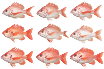 A arrangement of nine red fish displayed in a clean. white background. their unique features and colors. ideal for educational or culinary contexts