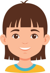 A cute flat vector illustration of a smiling young girl with shoulder-length brown hair and bangs, wearing a yellow shirt with a blue collar, 