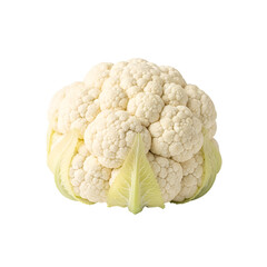 Fresh whole cauliflower head with green leaves, isolated on transparent background