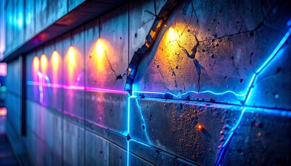 macro closeup cracked concrete wall night neon reflection fissure rough texture dust particle micro surface urban building detail subtle glow hard structure close scene gritty tone