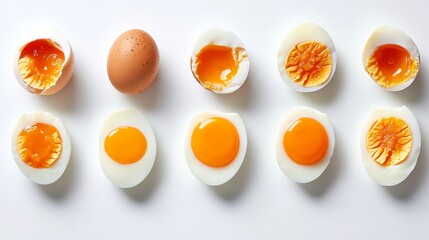 Professional culinary collection displaying nine perfectly executed egg cooking methods, arranged in sequential order from least to most cooked, cross-sectional views revealing interior consistency