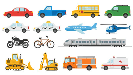 Collection of Various Transport Vehicles Car, Truck, Bus, Plane, Helicopter, Motorcycle, Bike