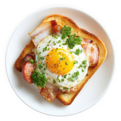 Toast bread with pork belly, egg, ham, sausage on white plate, top view with on white background