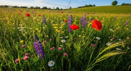 A vibrant field of wildflowers in full bloom with red poppies, purple and yellow flowers, and green grass under a clear blue sky