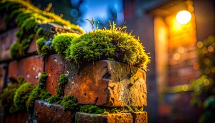 macro closeup brick corner moss night building old texture rough micro detail moisture natural growth earthy tone moonlight glow subtle shadow aged structure close scene organic surface