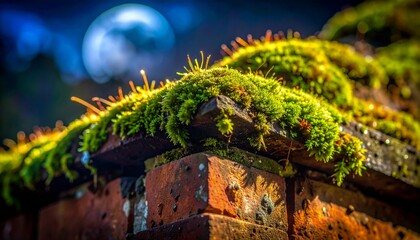macro closeup brick corner moss night building old texture rough micro detail moisture natural growth earthy tone moonlight glow subtle shadow aged structure close scene organic surface