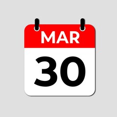 March 30 Calendar Icon, Flat Reminder Date Symbol, Event Planning
