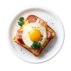 Toast bread with pork belly, egg, ham, sausage on white plate, top view with on white background