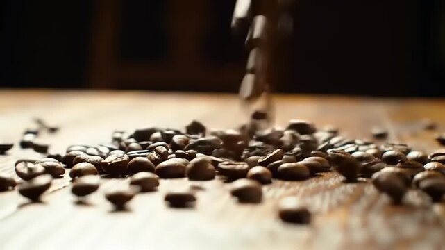 Coffee beans falling on wooden table.