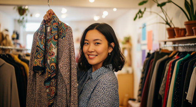 Smiling Young Asian Woman Shopping for Clothes in a Boutique