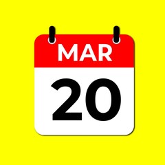 March 20 Calendar Icon, Flat Vector Date Symbol for Schedule Management
