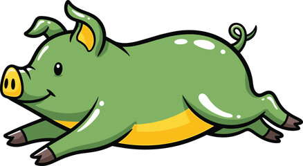 Running Green Pig Cartoon Illustration for Cute Farm Animal Mascot Logo Design, Vector Graphic Drawing, Happy Swine Character, Fun Concept, Isolated on White Background.