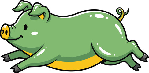 Smiling Green Pig Running and Leaping Forward Cartoon Illustration for Happy Farm Animal Character Design, Cute Swine Mascot, Vector Graphic Drawing, Fun Concept, Isolated on White.