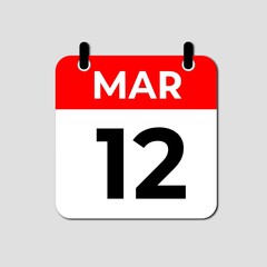 Calendar Icon Showing March 12th. Date Reminder Symbol in Red and White Flat Design Vector