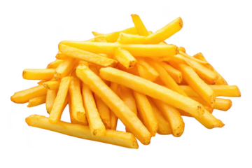 A close-up view of a freshly cooked pile of golden. crispy French fries. their texture and color against a clean white background. ideal for food-related content and advertisements