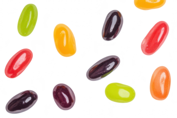 A assortment of colorful jelly beans scattered playfully against a clean white background. perfect for candy-themed events. advertisements. or festive occasions