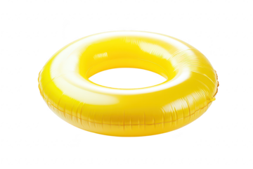A bright yellow inflatable swimming ring floating against a clean white background. perfect for summer pool parties or beach outings. emphasizing fun and relaxation