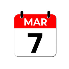 Calendar Icon Showing March 7th. Date Reminder Symbol in Red and White Flat Design Vector