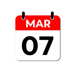 Calendar Icon Showing March 7th. Date Reminder Symbol in Red and White Flat Design Vector